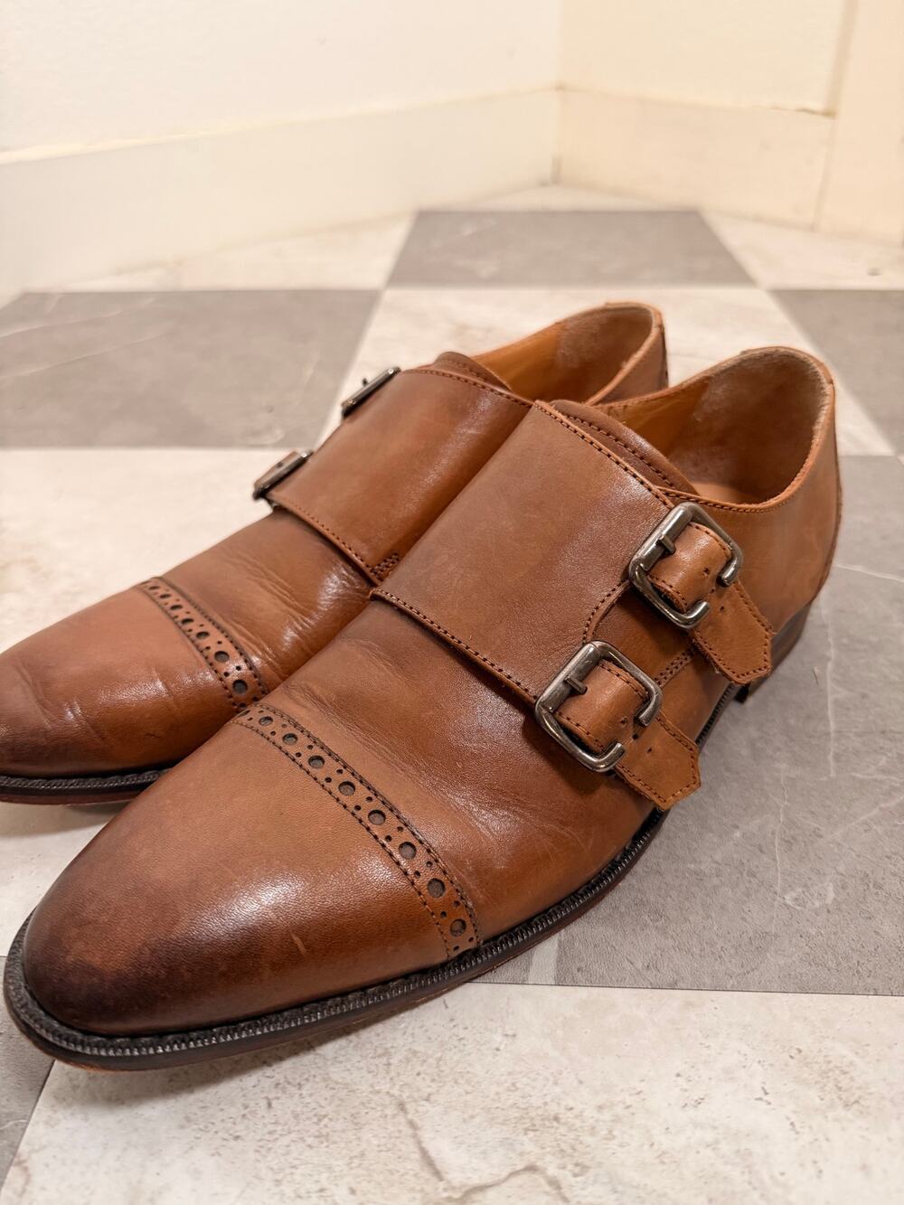 3DM Lifestyle Mens Double Monk Strap Dress Shoes Size 8 Cognac Leather Old Money
